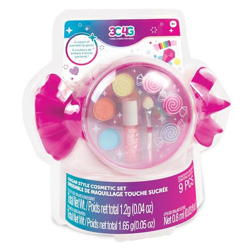 3C4G: Sugar Style Cosmetic Set - 9pcs, 4 Colors of Scented Lip Gloss & Eyeshadow Held in a Candy Shaped Container, Makeup Girls & Kids Ages 8+