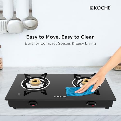 Image of KOCHE Spartek 2-Burner Gas stove | Toughened Glass, High-power Indian Brass Burners, 360 Rotate Gas Nozzle, Stainless Steel Black Powder-Coated Body, High Thermal Efficiency Cooktop | 2 Year Warranty
