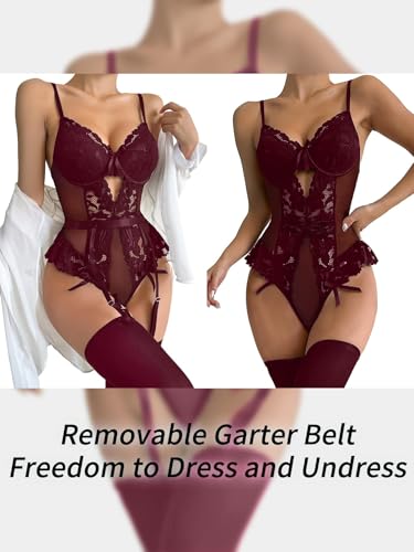 Image of Lilosy Sexy Stocking Lace Mesh Bodysuit Top Underwire Garter Lingerie Set 3 Piece