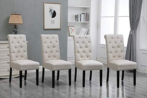 HomeSailing Modern Set of 4 Beige Dining Room Chairs Only Kitchen Chairs Button Tufted with Fabric Upholstered Padded for Accent Restaurant with Solid Black Legs
