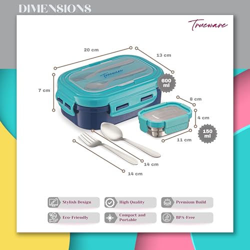 Image of Trueware Picaso Jr. Insulated Inner Steel Thermoware BPA Free, Airtight, Food Grade, 2 Containers Lunch Box 750 ML | for School, Kids, Boy & Girl | Hot Lunch Box