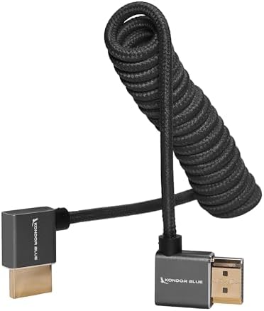 KONDOR BLUE 4K Right Angle HDMI to HDMI Thin Short Coiled Braided Cable for On-Camera Monitors, Capture Cards + More | 4K/60hz | 18Gbps 3D HDR MetaData | 12" ~ 24" Inch | Black