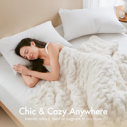 Madison Park Ruched Fur Luxury Throw Premium Soft Cozy Brushed Long Faux Fur For Bed, Couch or Sofa , 50x60" , Ivory - 3