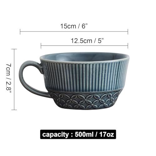 Miniatura 3 de Dowbom Taza De Sopa De Cerámica Con Asa, Taza De Café De 500 Ml, Cuenco Profundo De Cereales Para Tazón De Desayuno, Taza De Café Azul, 17 Onzas