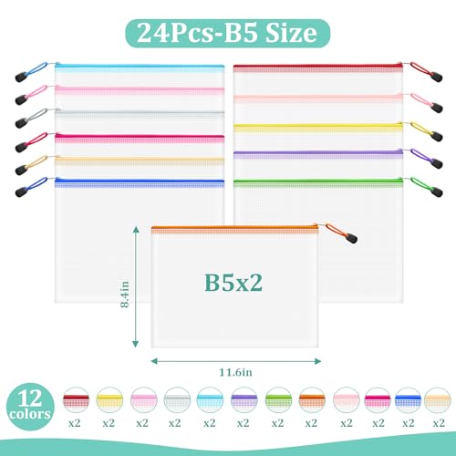Image of 24pcs Mesh Zipper Pouch Bags, B5 Zipper Pouch, Mesh Bags with Zipper, Plastic Zipper Pouches, 12 Colors Zipper Pouches for Organizing, Puzzles, Travel, School Office Organize