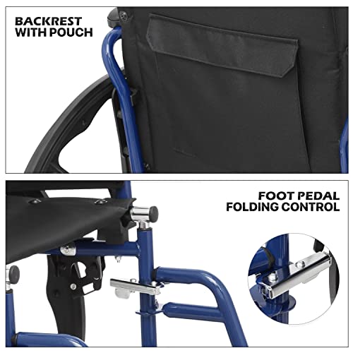 Monibloom Lightweight Wheelchair With 18 Inch Wide Seat, Folding Transport Chair Portable Wheel Chair With 24'' Pu Mag Wheels For Extra Comfort Use, 300 Lbs Weight Capacity, Blue #TOP5