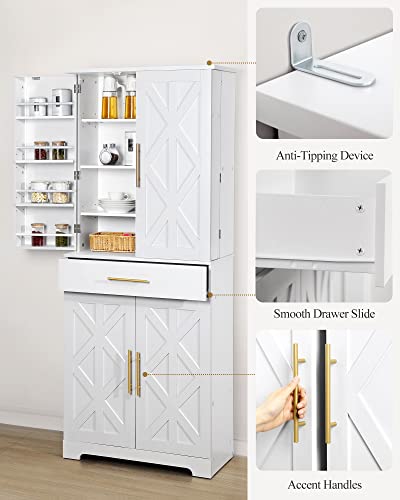Hzuaneri Kitchen Pantry Cabinet, 72" Storage Cabinet With Doors And Adjustable Shelves, 1 Large Drawer, Freestanding Buffet Cupboards Sideboard For Kitchen, Living Room, Dining Room, White Pt02403X #TOP4