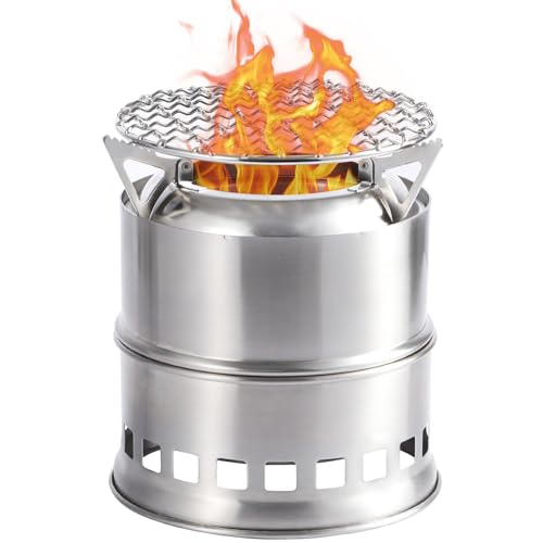 REDCAMP Hobo Kocher Tragbarer Campingofen Effizienter Holzofen Stove aus Edelstahl 304 mit Tragetasche und Grillnetz Campingherde Hobo Ofen für BBQ Picknick Wandern Reisen Backpacking Bushcraft