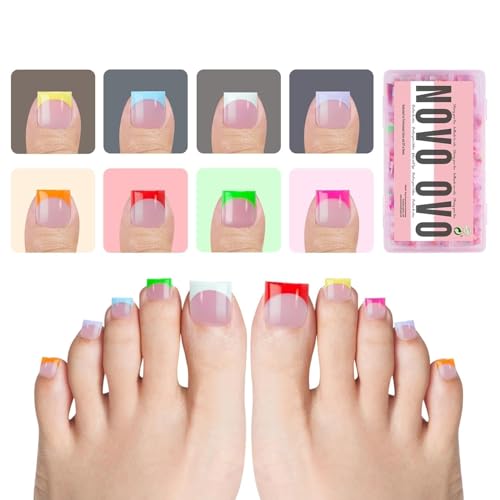 NOVO OVO French Tip Toe Nail Tips 8 MIXED SUMMER COLOR, Sharp Square Soft Gel Toenail Extension, Need Builder Gel & Top Coat, no Glue Included, Full Cover Acrylic for DIY x 15 Sizes 240 pcs