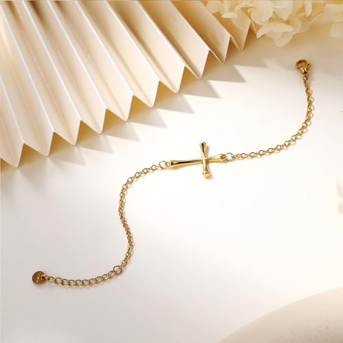 Dainty Cross Bracelet for Women, Adjustable Gold Plated Normal Style Chain 6.2 in + 1.2 in Stainless Steel4