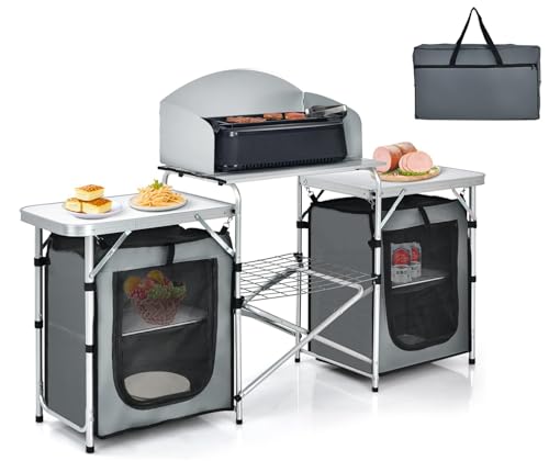 GYMAX Folding Camping Table, Portable Kitchen Table with 2 Zipper Organizer Shelf & Wind Screen, Foldable Cooking Table for Camping Hiking Picnic BBQ (Grey)