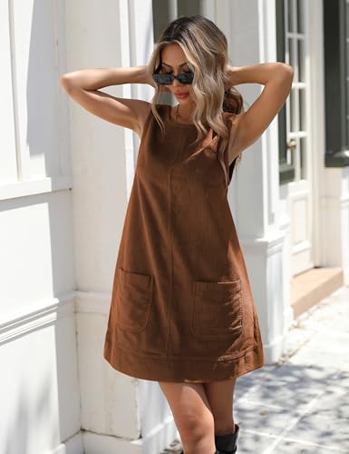 Hooever Women's Corduroy Overall Dress Round Neck A Line Skirtall Jumper Mini Dress Pinafore with Pockets3
