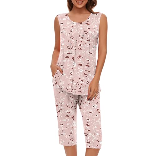Pyjashort Femme 2 Pcs Ensemble Pijama Summer Coton Loungewear Pas Cher Womens Salon Sets Pyjama Capri Chemise San Manches Pantalon Capri Lingerie Blanc...
