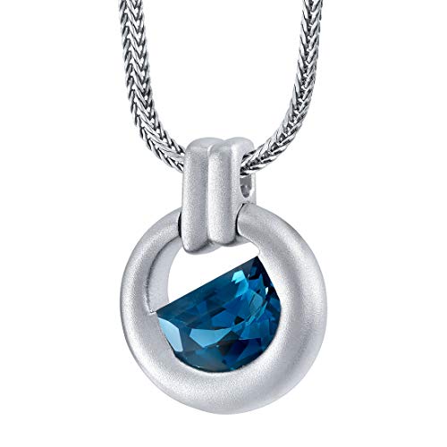 PEORA London Blue Topaz Amulet Pendant Necklace for Men in Sterling Silver, 4 Carats Half Moon Shape, Brushed Finished, with 22-Inch Italian Chain, Cool Men's Necklace, Blue Stone Necklace