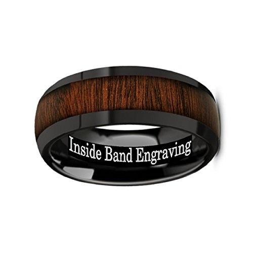 ROSAE Black Ceramic Domed Profile Polished Finish Men's Wedding Band with Genuine Fine Grain Rose Wood Inlay 8mm Custom Personalized Inside Engraved3