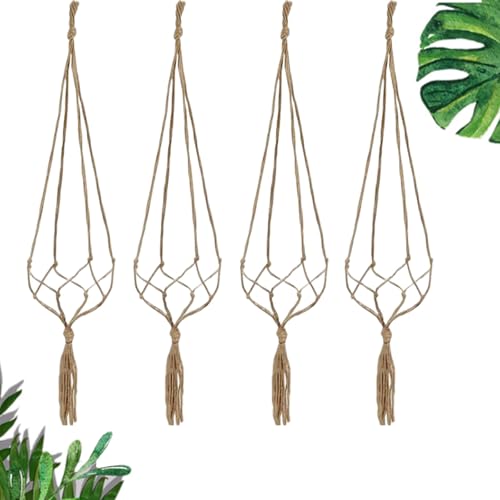 KASESSS 4 Piezas 90cm Macetero Colgante, Estilo Boho Cuerda De Yute Macrame Colgador De Plantas, Tejido A Mano Maceta Colgante Interior Exteriores,Cuelga Macetas para BalcóN, Sala De Estar Y MáS