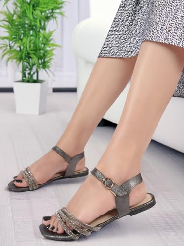 Image of ELLE Women's Comfortable Embellished Glitter Strap Ankle Sandals