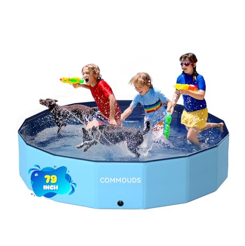 Image of COMMOUDS Foldable Dog Pool, Collapsible Hard Plastic Dog Kiddie Swimming Pool, Portable Pet Bath Tub Wading Pools for Kids and Puppy Small Medium Large Dogs(79inch.D x 16inch.H)