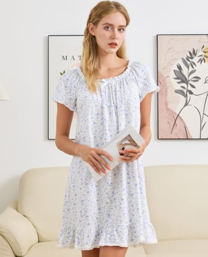 Image of Nanxson Women's Cotton Nightgown Short Sleeve Sleepwear Vintage Nightshirt | Summer Victorian Sleepdress,White Sleepshirt,U Neck Lace Loungewear,Soft Nightshirt,Loose Loungedress,Bride Nightwear