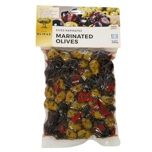 Blikas Griechische Grüne und Schwarze Kalamata-Oliven Mariniert mit Oregano und Rotem Pfeffer, Packung mit 2 x 250 g (insgesamt 500 g)