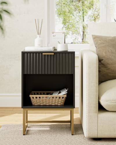 Image of Masupu Fluted Nightstand,Modern Night Stand Wood Bedside Table with Storage Drawer Side End Table for Bedroom,Office,Black