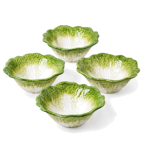 KXZ Ceramic Cabbage Bowls Set of 4, 5 Inch Small Bowls, 5 fl oz Green Decorative Serving and Prep Bowls for Dessert, Fruit, Snacks, Sauces and Side Dishes