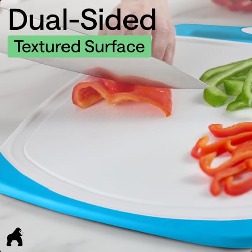 Image of GORILLA GRIP BPA-Free Reversible Kitchen Cutting Board Set of 3, US Designed, Nonporous, Juice Grooves Catch Liquid, Slip Resistant Border, Dishwasher Safe Large Food Chopping Boards, Black Aqua Gray