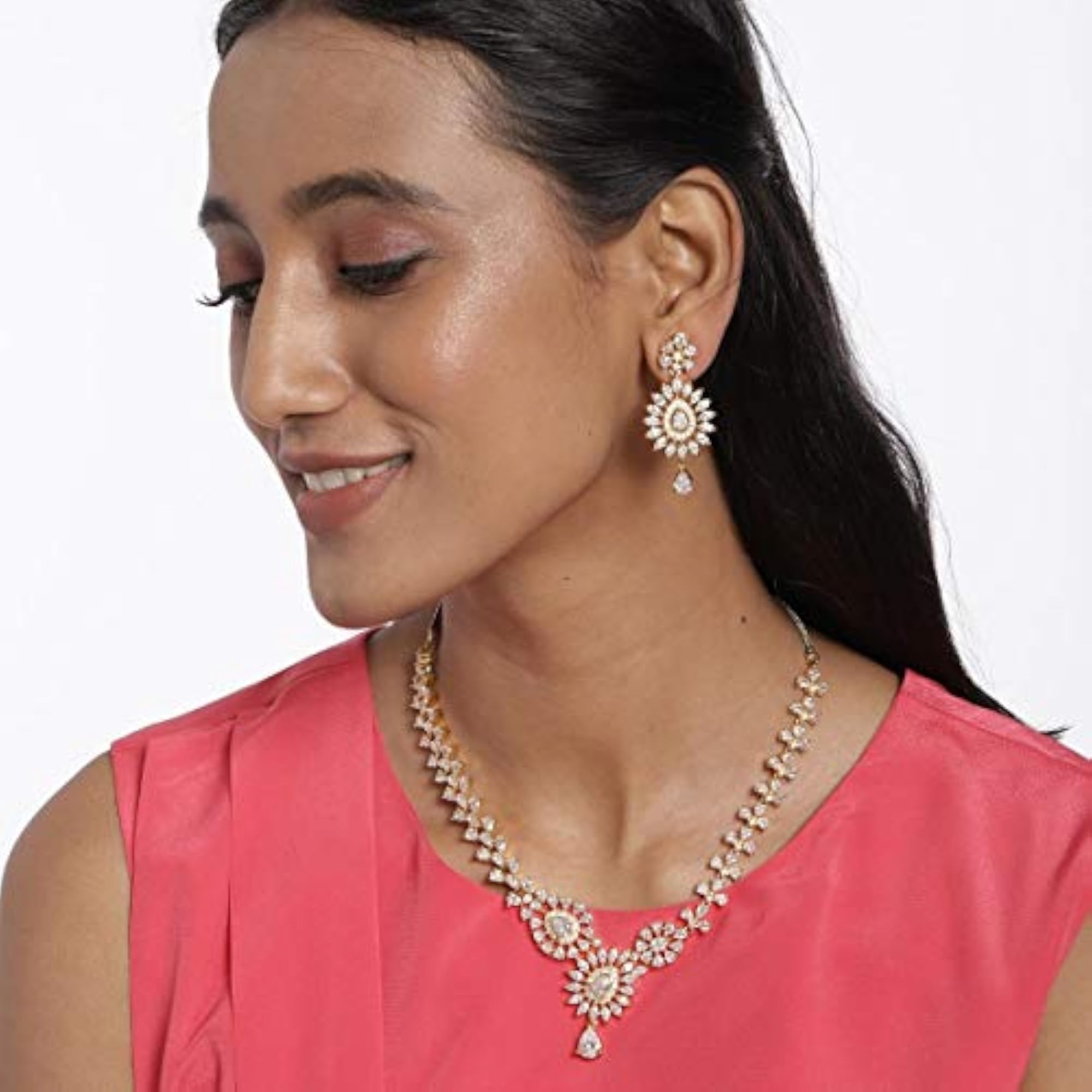 Silver-Toned Plated CZ & AD Studded Handcrafted Jewellery Set