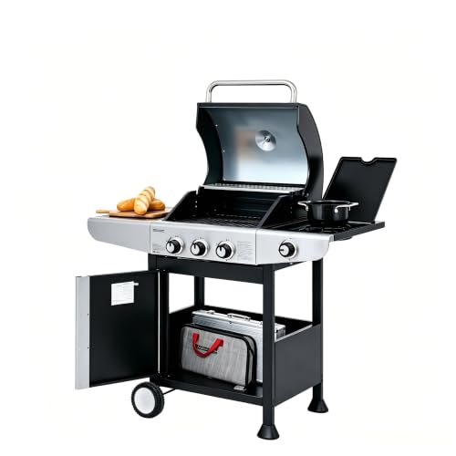 Royal Gourmet Barbecue Gaz à 3 Brûleurs avec Brûleur Latéral, Gril à Gaz sur Chariot de Puissance 11,5 KW avec 2 Grille en Fonte et 2 Tables d’Appoint,...