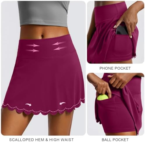PINSPARK Tennis Skirts for Women Stretchy Golf Skort A Line Active Skorts Solid Workout Skirt with 2 Pockets Inner Shorts for Pickleball Sport, Berry Red XL - 3