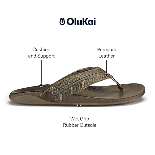 OluKai Tuahine Palm Men's Waterproof Full-Grain Leather Flip Flops, Arch Support Beach Sandals, Wet Grip Outsole for All-Day Comfort, Mustang/Mustang, 7 - image 3