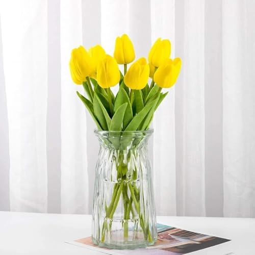 Image of Garden Art Artificial Tulip Flowers (Pack of 5) | Real Touch Silicone Single Stem Tulips for Home Decor, Living Room, Office, Vase & Wedding Decoration GAASTFB-1H-33Y (Yellow)