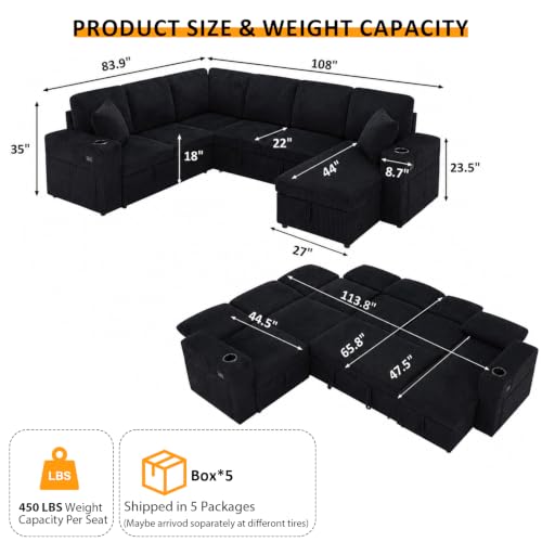 Image of Modular Sectional Sleeper Sofa with Pull Out Bed, 108 Inch U Shaped 7 Seat Couches for Living Room, Chenille Fabric Cloud Couch Bed with Storage, Reclining Backrest, USB Charging, Corduroy