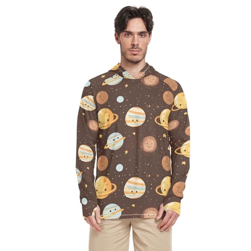 Wudan Cartoon Outer Planets Alphabet Brown Mens Hoodies Shirts Long Sleeve Adult Rash Guards Fishing Shirt UPF 50+ S