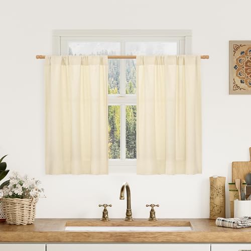 Image of LAMIT Beige Short Linen Curtains 30 Inches Long for Small Windows 2 Panels
