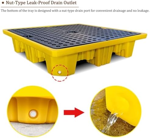 Stackable Spill Containment Platform - Modular Pallet with Drain & Leak-Proof Polyethylene Tray for Oil Drums, Garage Use, 2-Piece Set - Durable Yellow Design