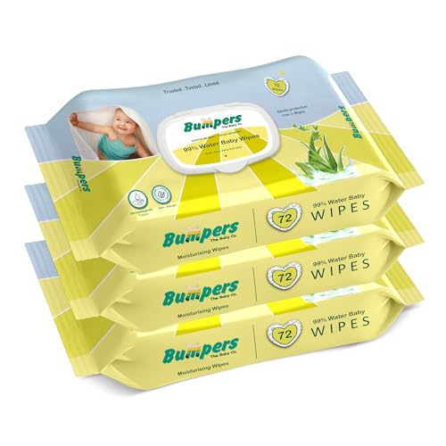 Image of Bumpers Baby Wipes | 99% Water Based | Alcohol & Paraben Free | Extra Thick | Safe for Sensitive Skin | 72 Counts /Pack (Set of 3) (216 Wipes)