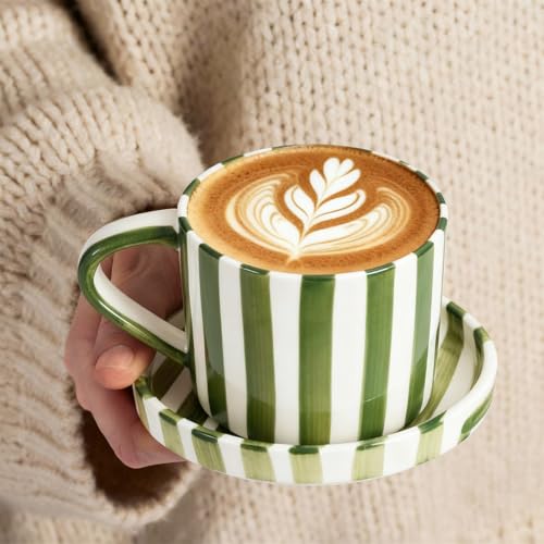 Ceramic Coffee Mug, Large Hot Chocolate Mugs 8oz Novelty Mug with Saucer, Cute Pottery Tea Cup Hand-Painted Striped Art Multiple Use for Kitchen, Office(Green) - Image 3