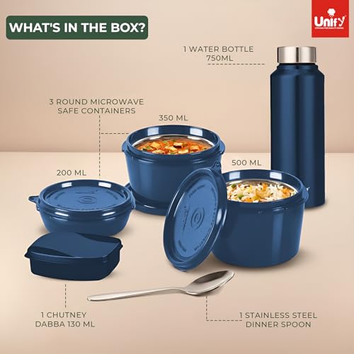 Image of Unify MealMate Lunch Box with 3 Microwave Safe Inner Steel Containers (500ml, 350ml, 200ml), 130ml Plastic Chutney Dabba, Water Bottle 750ml & Spoon | Office Tiffin with Insulated Bag, Blue