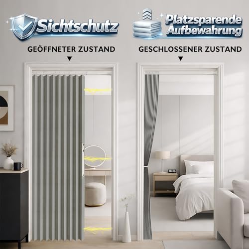 Magnetischer Türvorhang blickdicht, ohne Bohren – Mit Teleskopstange, Faltenbalg-Design für Schlafzimmer & Flur (Grau, 198 x 106 cm, 1er Pack)