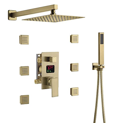 Sistema de ducha de pared Cascada Digital 12” con manija única y pantalla LCD, 3 funciones (Lluvia, jets corporales y ducha de mano) (Acabado dorado cepillado) miniatura 1