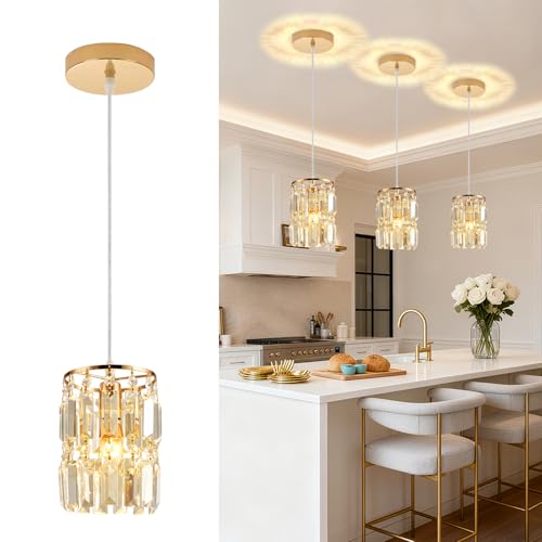 Vodcrindax Gold Pendant Lighting Modern Pendant Light, Mini Crystal Chandeliers, Island Lights for Kitchen, Adjustable Pendant Lights for Kitchen Island Dinning Room Bedroom (1 Pack)