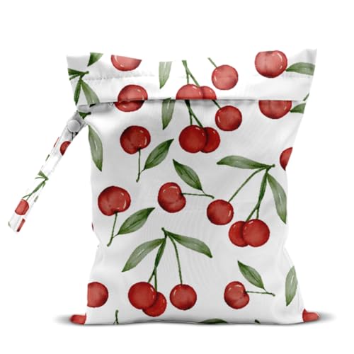 zcyxuuw Wet Bag, Wet Dry Bag, Waterproof Swim Bags, Machine Washable Reusable Bags for Beach, Pool, Diapers, and Dirty Yoga Gym Clothes(Watercolor Red Cherry & Leaf Pattern