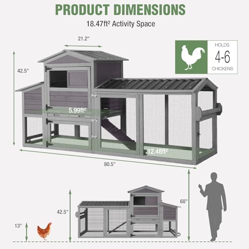 Image of Mobile Chicken Coop with Wheels for 4-6 Chickens, Large Wooden Hen House Expandable Duck Cage with Run, 2 Nesting Boxes, Easy Clean Pull-Out Tray, Waterproof Asphalt Roof (Grey)