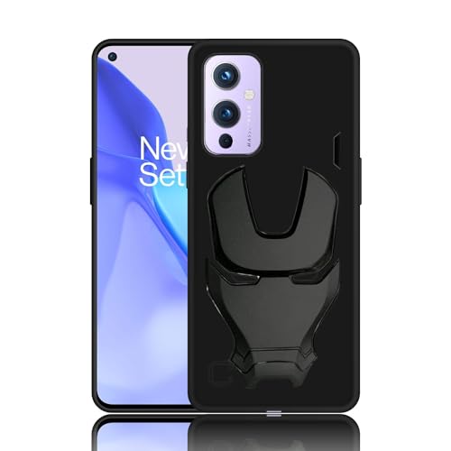 Image of COVERLY Official 3D Touch Feel Trending Real Hero Avengers Logo Mask Soft Rugged Grip TPU Silicone Iron Man Super Power Cartoon Movie Engraved Silicone Matte Strong Back Cover for Oneplus 9 -Black