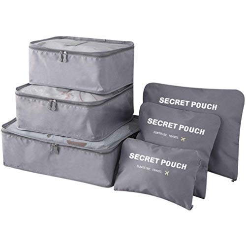 Image of 6 in 1 Polyester Secret Pouch Travel Bag Packing Cubes Laundry Bag with Undergarments & Cloth Storage Organizer Travelling Set /Suitcase Cloth Cube Bag (GRAY 6 in 1 Travel Bag)