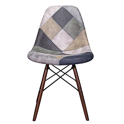 Cozyblock Mooku Blue & Gray Patchwork Leatherette Fabric Upholstered Dsw Dining Side Accent Chair With Dark Walnut Leg Bdsr-Lfab-Lbrn 18.25W*20.5D*32.25H Inches #TOP4