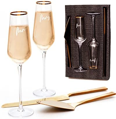 J&A Homes Rose Gold Wedding Cake Knife Server Set and Toasting Flutes - Reception Bride Groom Wedding Party Champagne Glasses Pie Cake Cutting Engagement Gift