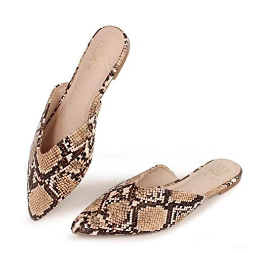 Hawkwell Women's Backless Slip On Slides Loafer Shoes Flats Comfortable Pointed Toe Mules，Gold Snake Pu 5 M Us #TOP24