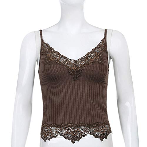 Acsuss Lace Patchwork Crop Top Y2K E Girls Clothes Fairy Grunge Style Cropped Tees Cami Ribbed Knitted Tank Tops Brown #1 L #TOP1